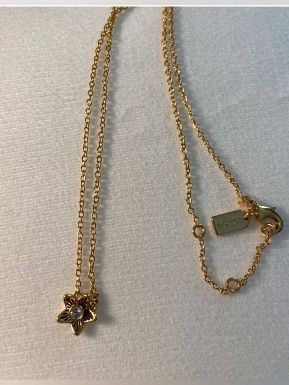 Coach NWOT Gold Flower Pendant Necklace with Clear Stone - Picture 4 of 11